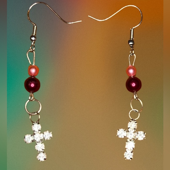 Shiny Cross Dangle Earrings with Pink / Crimson Color Beads - Picture 1 of 1